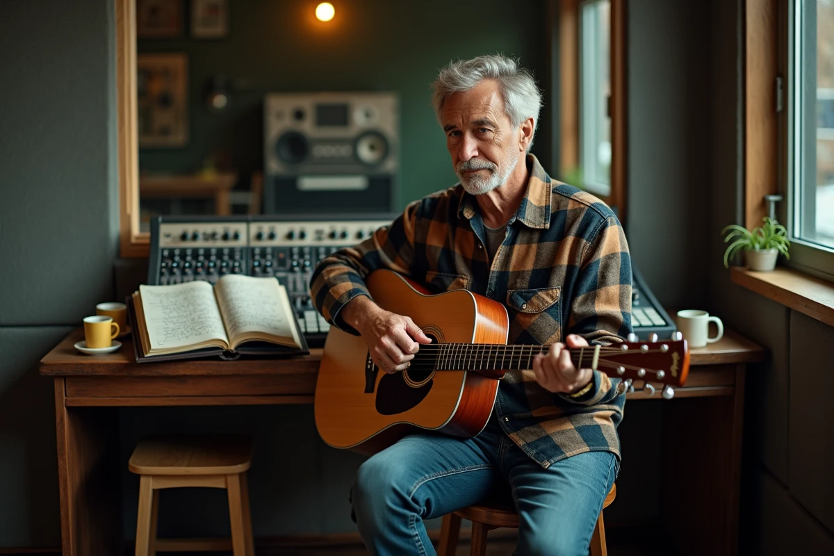 Musicien rock américain en studio d'enregistrement vintage avec guitare acoustique et paroles manuscrites