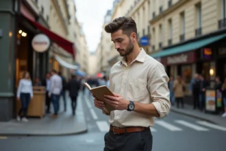 Jeune homme nouvel arrivant à Paris consultant un carnet dans une rue haussmannienne, découvrant les habitudes parisiennes au quotidien