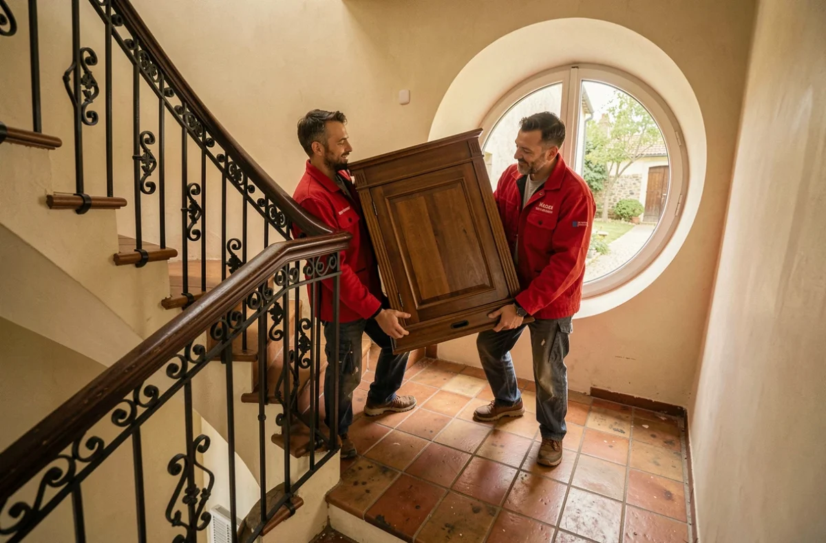 Déménageurs d'Oloron Déménagement descendant une bibliothèque dans l'escalier à ferronnerie d'une maison de ville à Oloron-Sainte-Marie