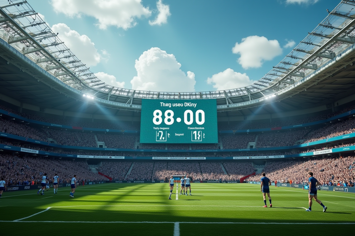 Tableau de score numérique affichant 80 minutes dans un match de rugby