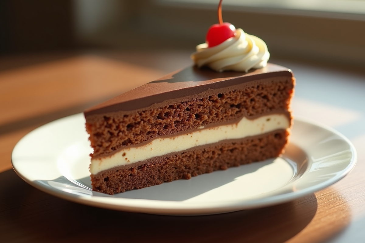 Tranche d'opera cake sur assiette blanche en lumière naturelle