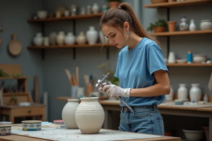Femme concentrée utilisant un aérographe sur une vase en céramique