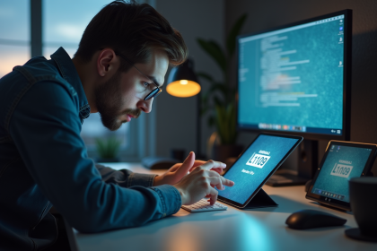 Personne inquiète vérifiant une tablette avec erreur L1109