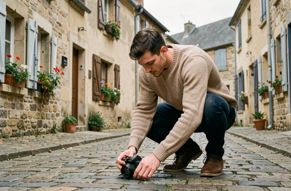 Petit Antoine, photographe, en train de capturer un détail architectural dans un village pittoresque de la Somme