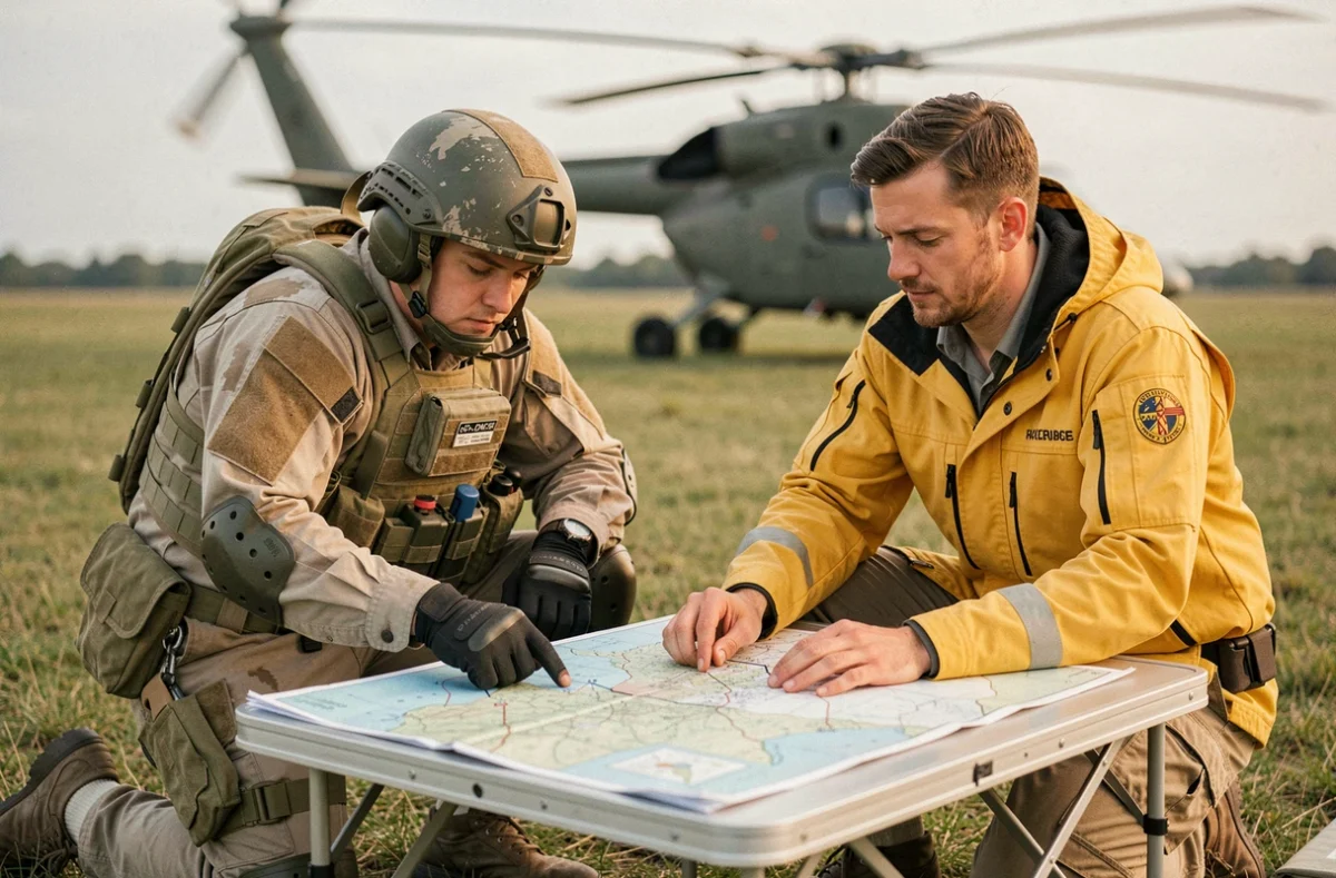 Pilote militaire et coordinateur des secours civils étudient une carte tactique au sol près d'un hélicoptère de l'armée lors d'une opération de sauvetage