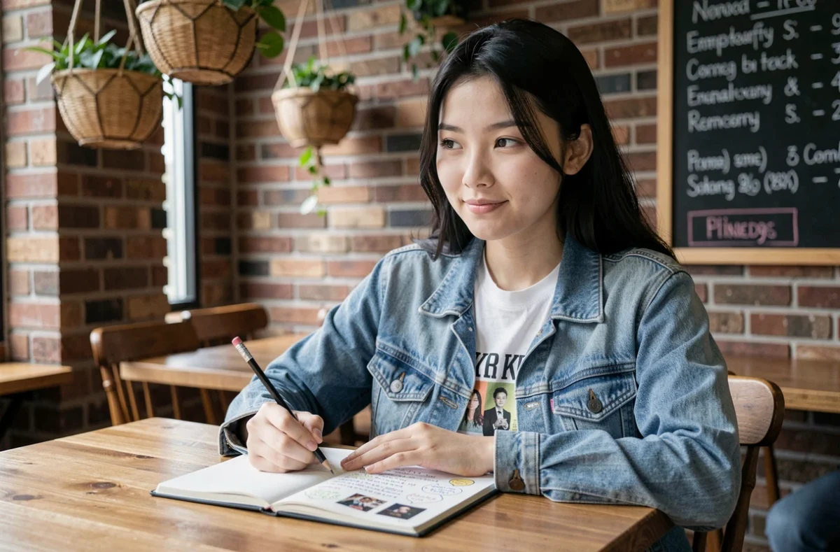 Adolescente fan de K-pop planifiant son budget pour soutenir ses groupes coréens dans un café urbain