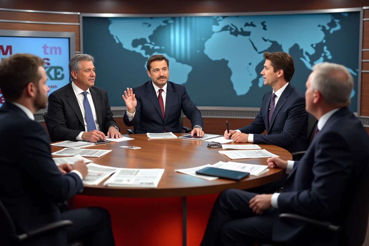 Plateau de télévision avec commentateurs débattant autour d'une table, symbolisant le voyeurisme médiatique et l'analyse de la vie privée