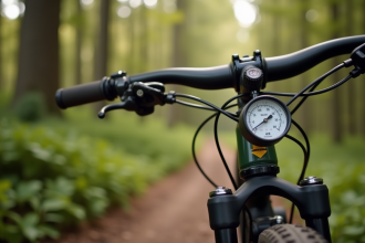 Pneu de VTT sur sentier forestier avec manomètre