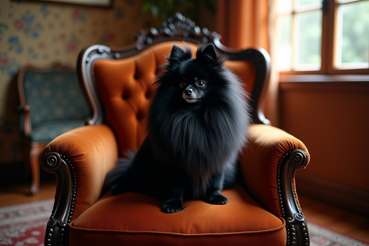 Pomeranian noir assis fièrement sur un fauteuil vintage intérieur