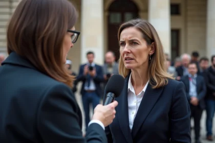 Journaliste tendant un micro vers une femme politique devant un bâtiment institutionnel français, illustrant la pression médiatique