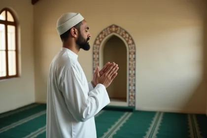 Homme en prière dans une mosquée d'Agen face au mihrab, illustrant les heures de prières en Nouvelle-Aquitaine