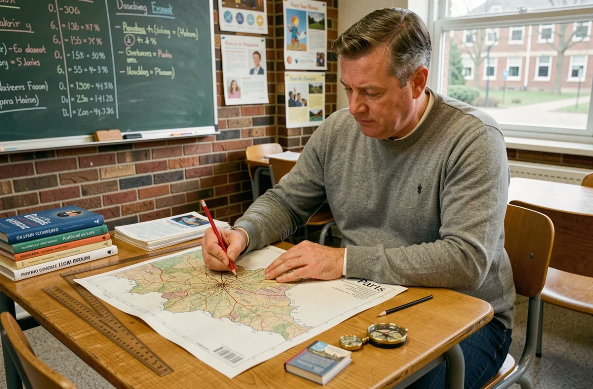 Professeur de géographie annotant une carte de la région parisienne avec les données de superficie de Paris