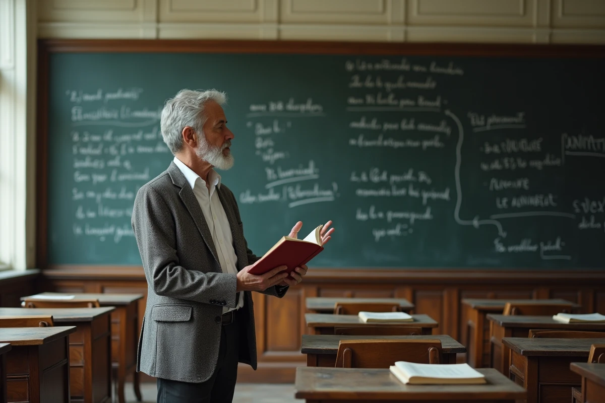Professeur de littérature commentant des citations de Rimbaud au tableau dans une salle de classe française traditionnelle