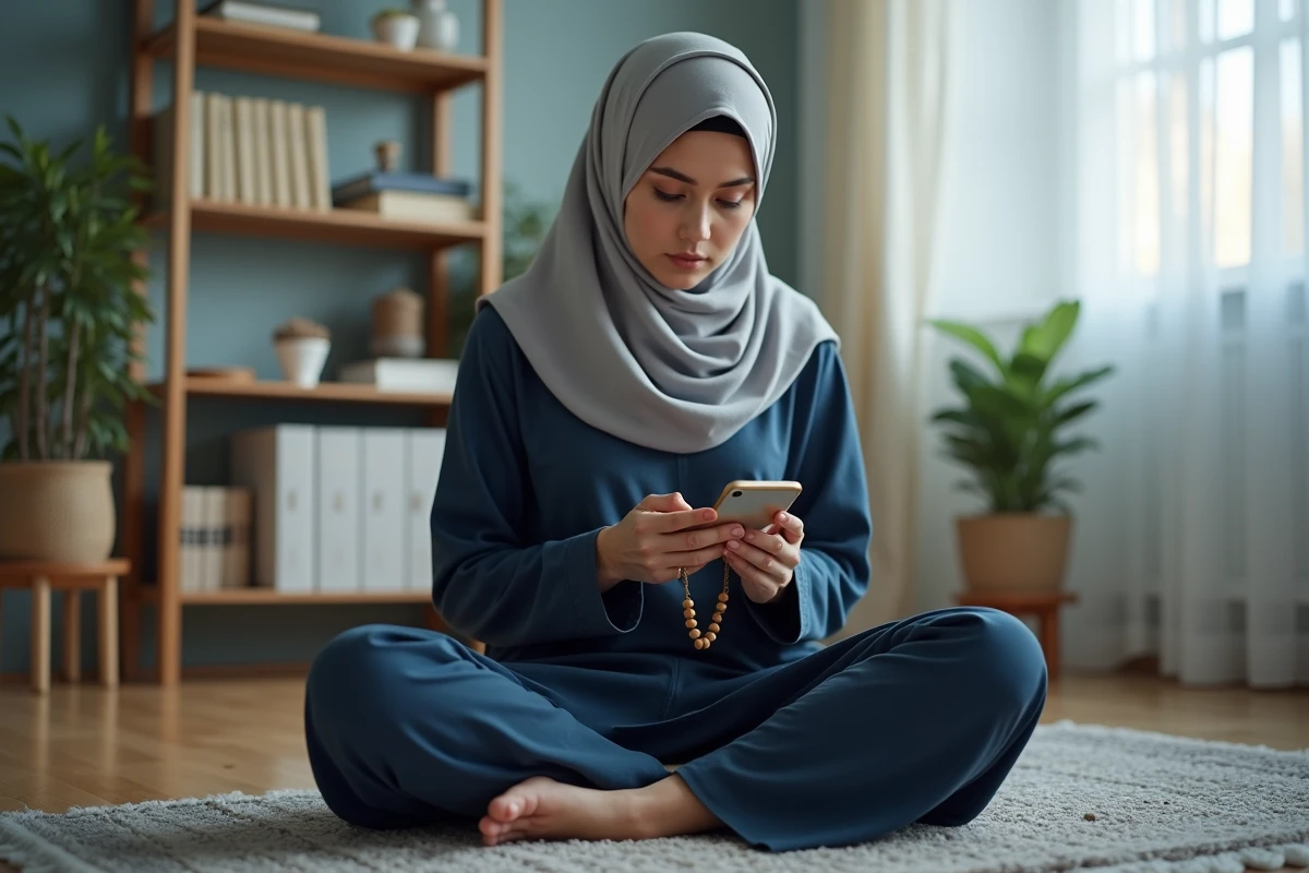 Jeune femme musulmane consultant la direction de la qibla sur smartphone à Agen, avec un tapis de prière et un tasbih