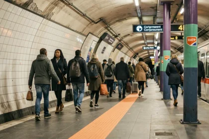Quai animé de la ligne 4 du métro parisien avec des voyageurs suivant les panneaux de correspondance