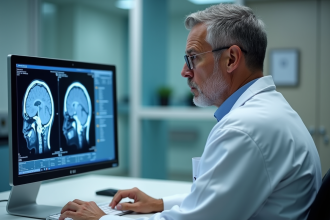 Radiologue examine un scan MRI du cerveau en salle d'imagerie