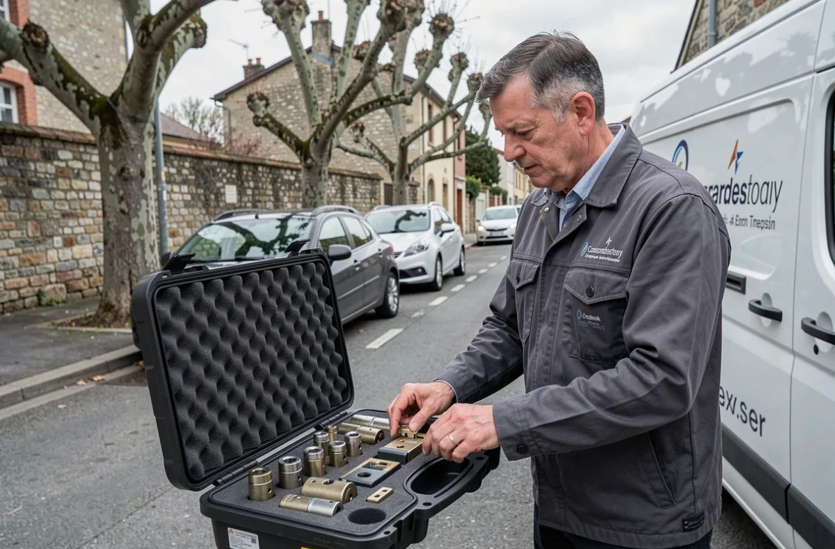 Technicien de Raine SARL préparant son équipement de serrurerie depuis son véhicule de service dans une rue en Maine-et-Loire