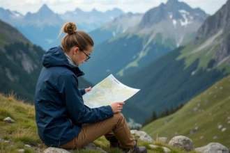 Jeune femme en randonnée examinant une carte en montagne