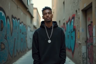 Portrait urbain d'un jeune rappeur français en hoodie noir dans une ruelle d'une ville du sud de la France, avec des graffitis en arrière-plan