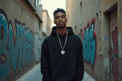 Portrait urbain d'un jeune rappeur français en hoodie noir dans une ruelle d'une ville du sud de la France, avec des graffitis en arrière-plan