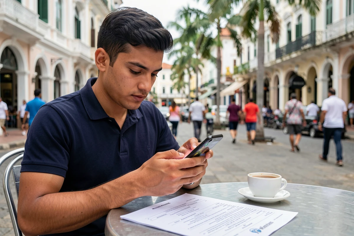 Jeune homme recherchant un code postal mauricien sur son smartphone en terrasse à Port Louis