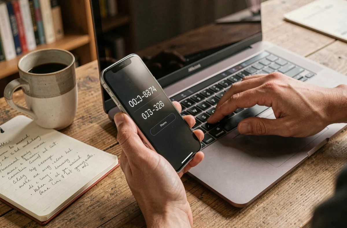 Gros plan de mains recherchant un numéro de téléphone professionnel inconnu sur smartphone et ordinateur portable