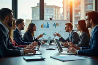 Réunion professionnelle avec analyse de données et graphiques