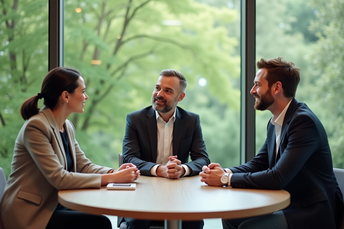 Groupe de trois professionnels en réunion collaborative