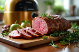 Rôti de veau tranché sur planche en bois avec herbes aromatiques