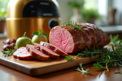 Rôti de veau tranché sur planche en bois avec herbes aromatiques