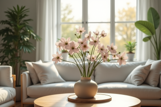 Salon lumineux avec fleur en T dans un vase en céramique