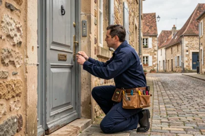 Serrurier professionnel intervenant sur une porte en Maine-et-Loire
