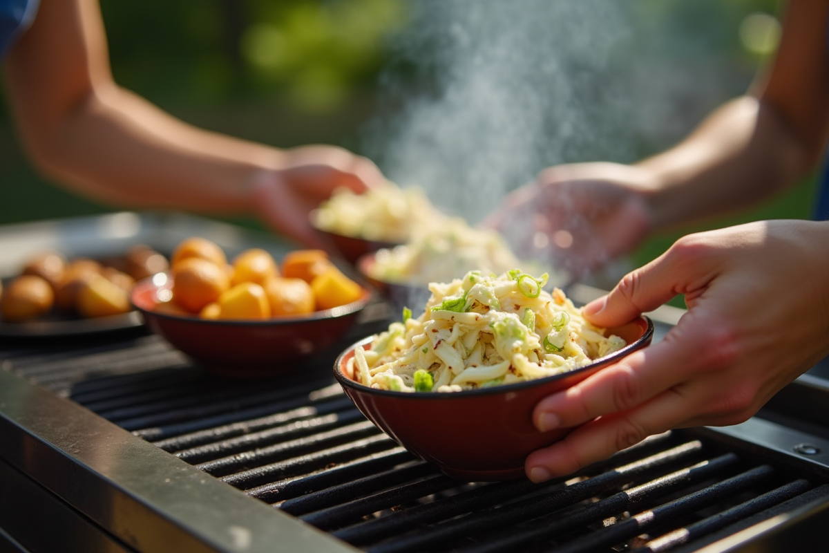 Mains servant salade de chou et pommes de terre rôties au barbecue