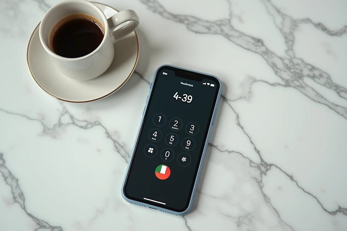 Smartphone posé sur marbre affichant l'indicatif +39 pour un appel vers l'Italie avec une tasse d'espresso