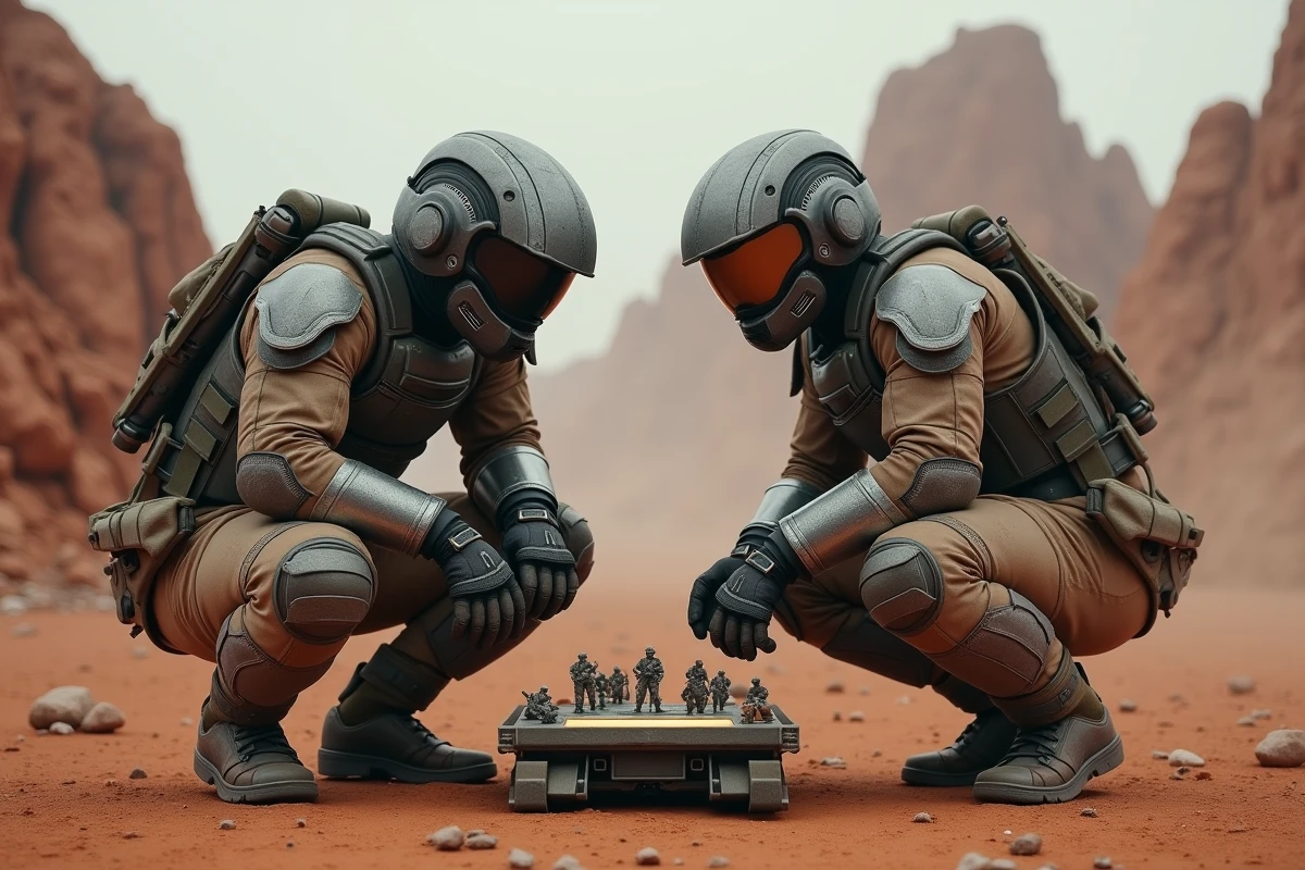 Deux soldats futuristes en armure sci-fi analysant un terminal de stratégie tactique sur un terrain alien rocheux et désertique