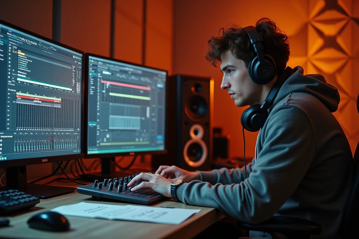 Jeune producteur de musique rap en studio d'enregistrement professionnel à Marseille, travaillant sur une console de mixage avec des panneaux acoustiques en arrière-plan