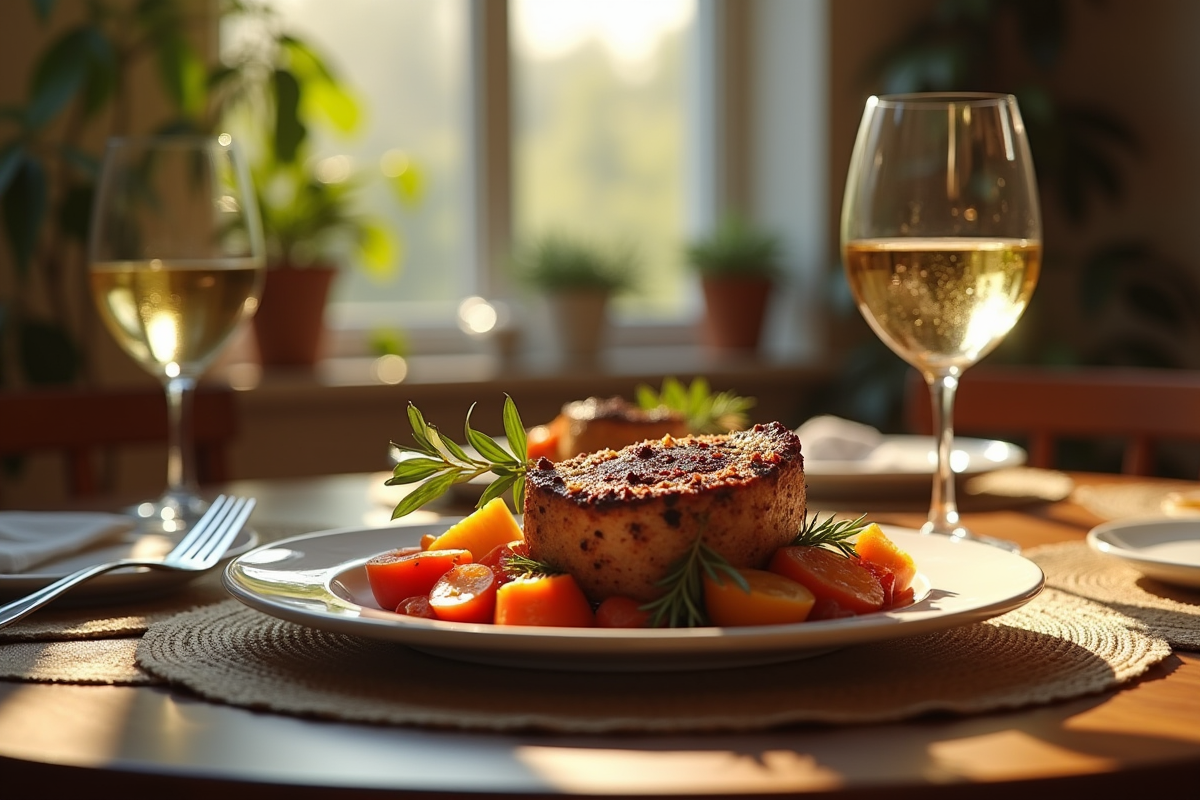 Table élégante avec rôti de veau et vin blanc pour deux personnes