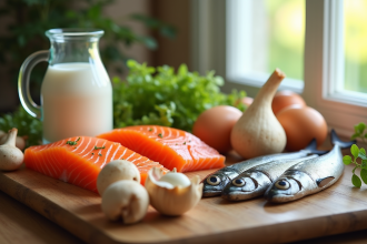 Tableau d'aliments riches en vitamine D sur une table en bois
