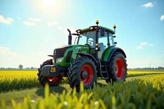 Tracteur d'occasion brillant dans un champ ensoleille avec ciel bleu