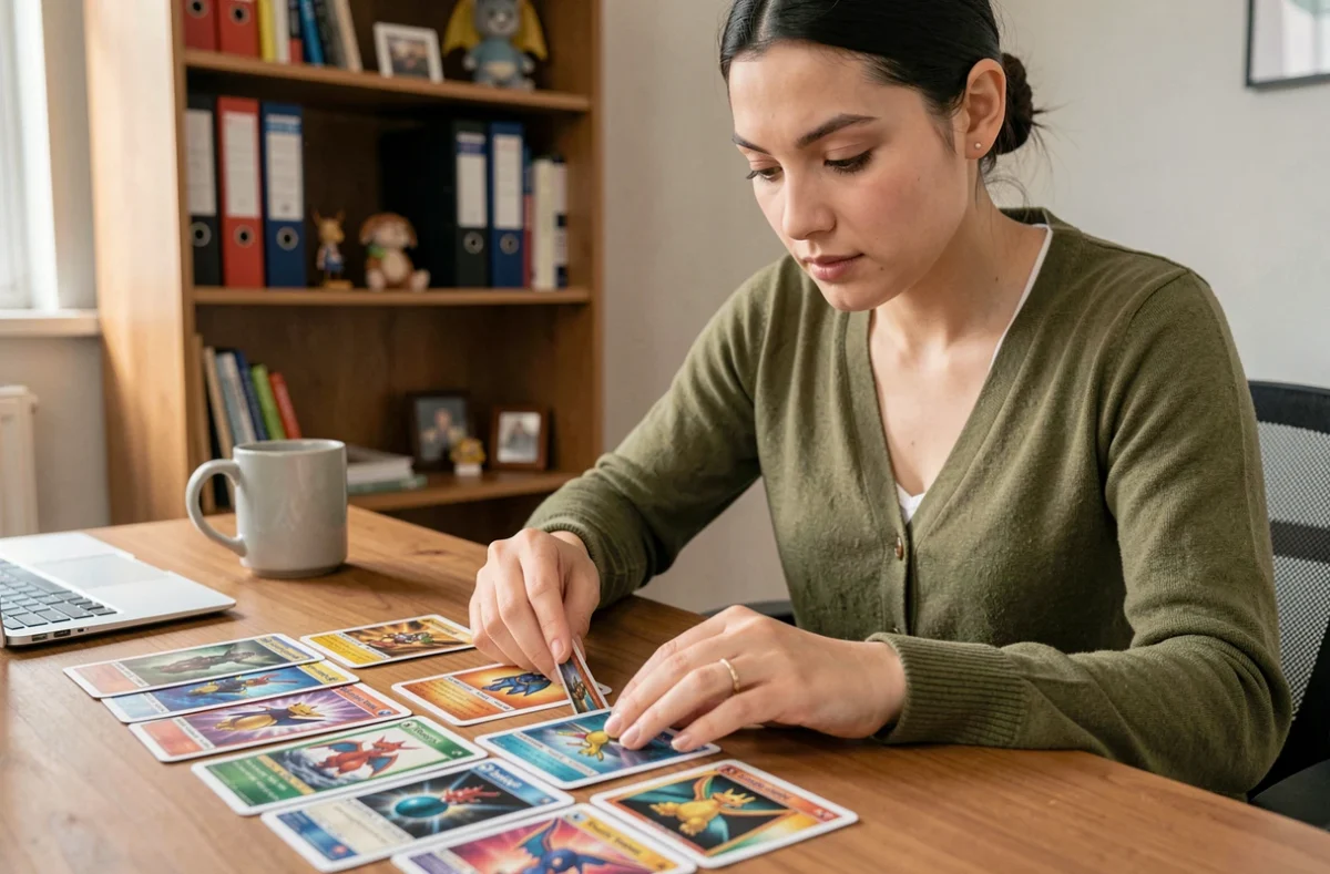 Jeune femme triant des cartes Pokémon rares dont un Dracaufeu sur un bureau en bois à domicile