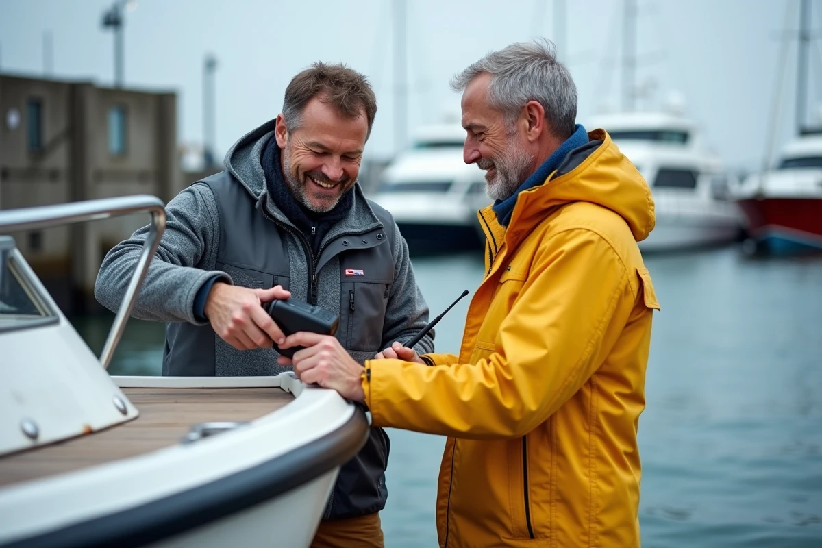 Deux plaisanciers effectuant une vérification complète de l'équipement de sécurité et des feux de navigation d'un bateau avant une sortie en mer
