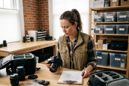 Photographe professionnelle inspectant son matériel photo et vérifiant une liste d'équipement avant une mission sur terrain