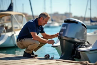 Mécanicien nautique inspectant le moteur d'un bateau à moteur blanc lors d'une vérification pré-sortie en mer dans un port de plaisance méditerranéen