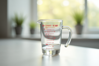 Verre mesureur de 20 ml sur plan de travail lumineux