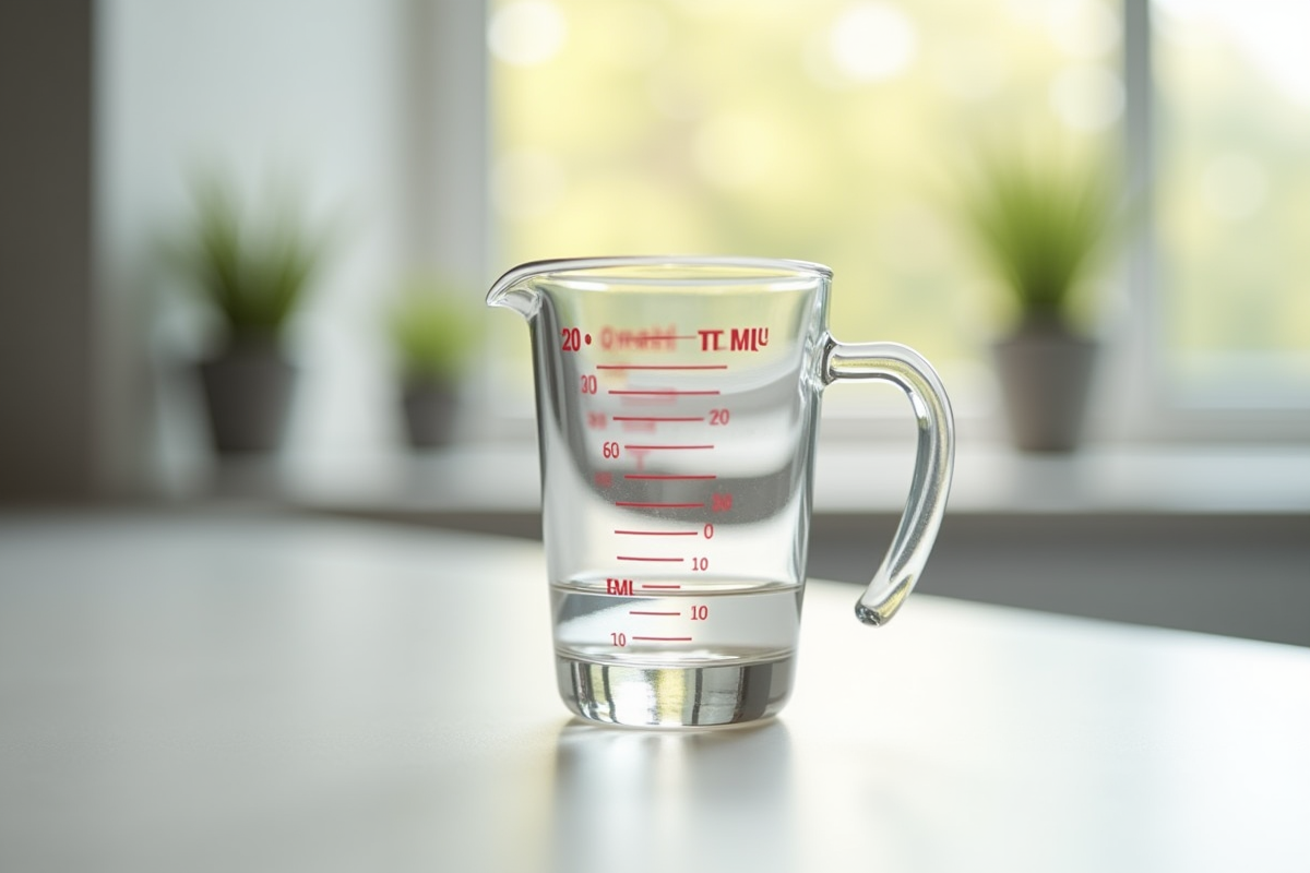 Verre mesureur de 20 ml sur plan de travail lumineux
