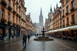 Grande place historique d'une ville belge avec maisons de guildes gothiques et pavés mouillés sous un ciel automnal