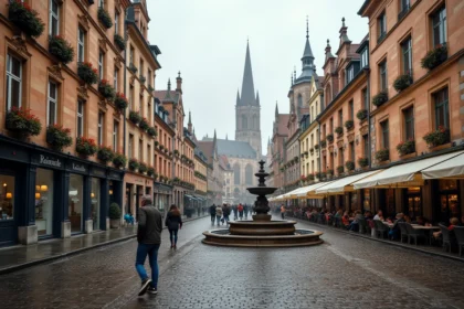 Grande place historique d'une ville belge avec maisons de guildes gothiques et pavés mouillés sous un ciel automnal