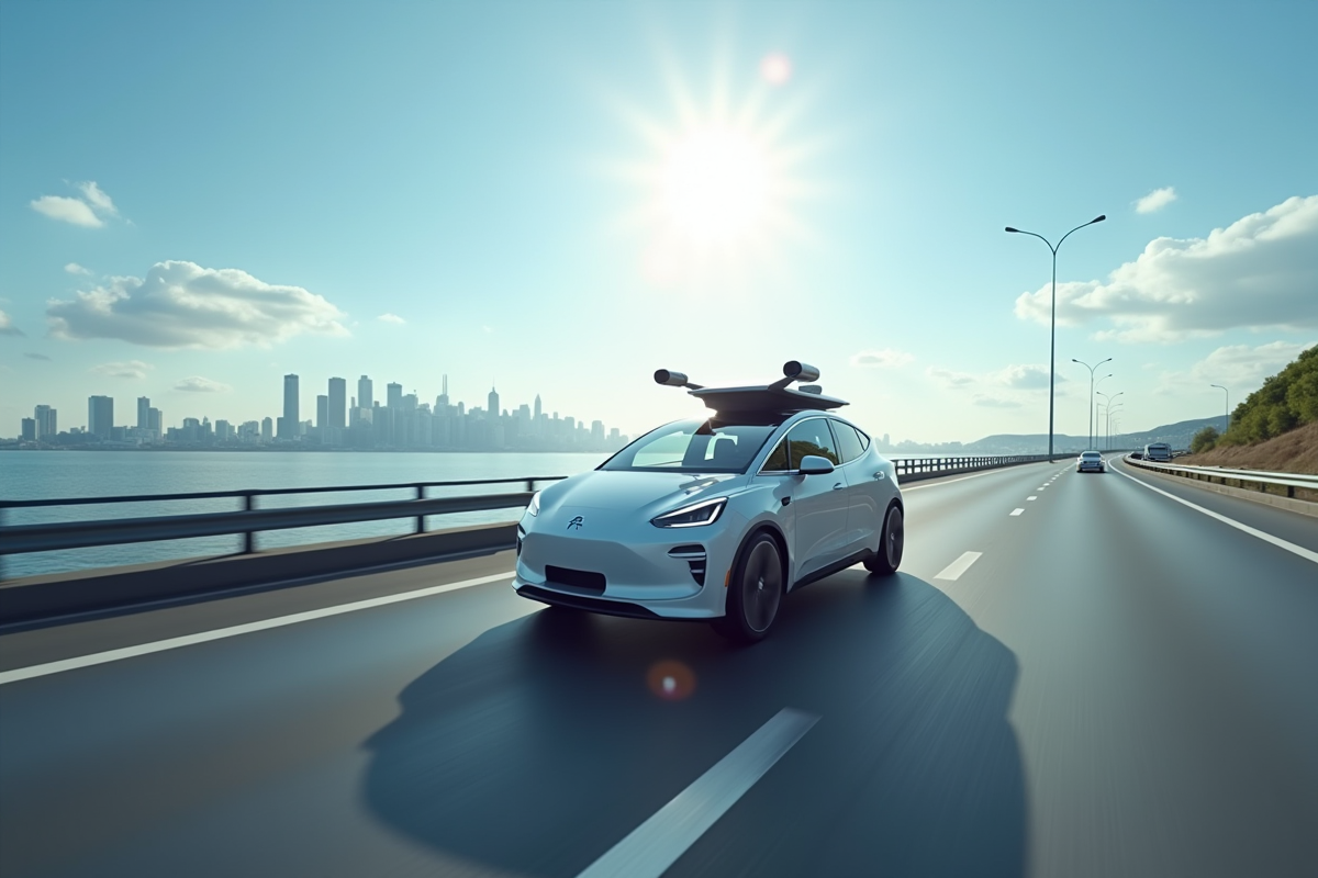 Voiture électrique autonome sur une route panoramique ensoleillée