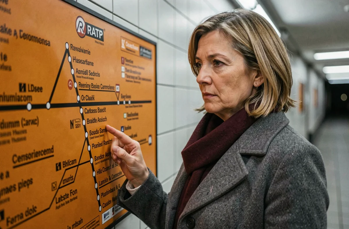 Femme consultant le plan de correspondances du métro parisien ligne 4 sur un quai souterrain
