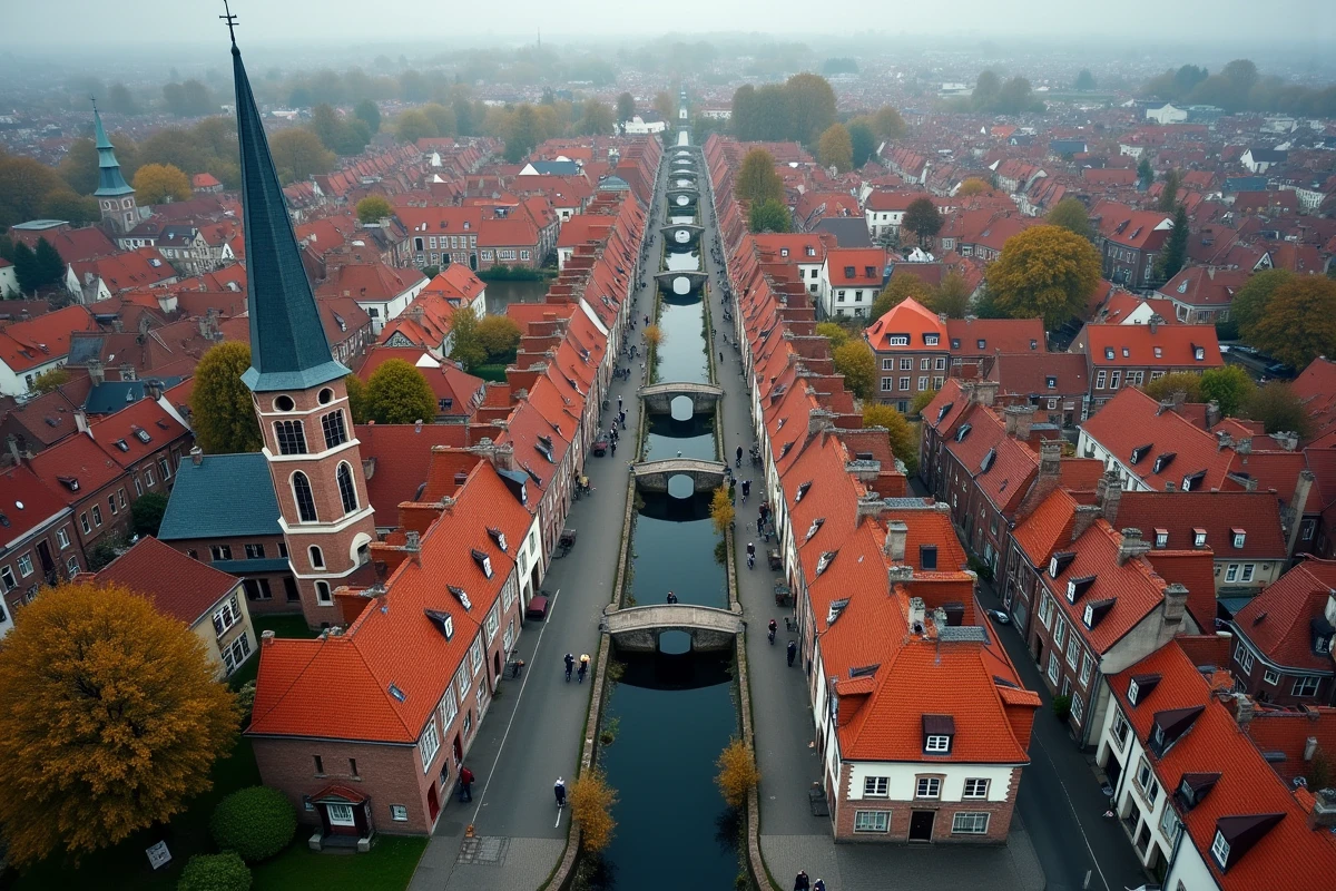 Vue aérienne d'un quartier de ville belge avec toits en briques rouges, clochers et canaux aux ponts de pierre